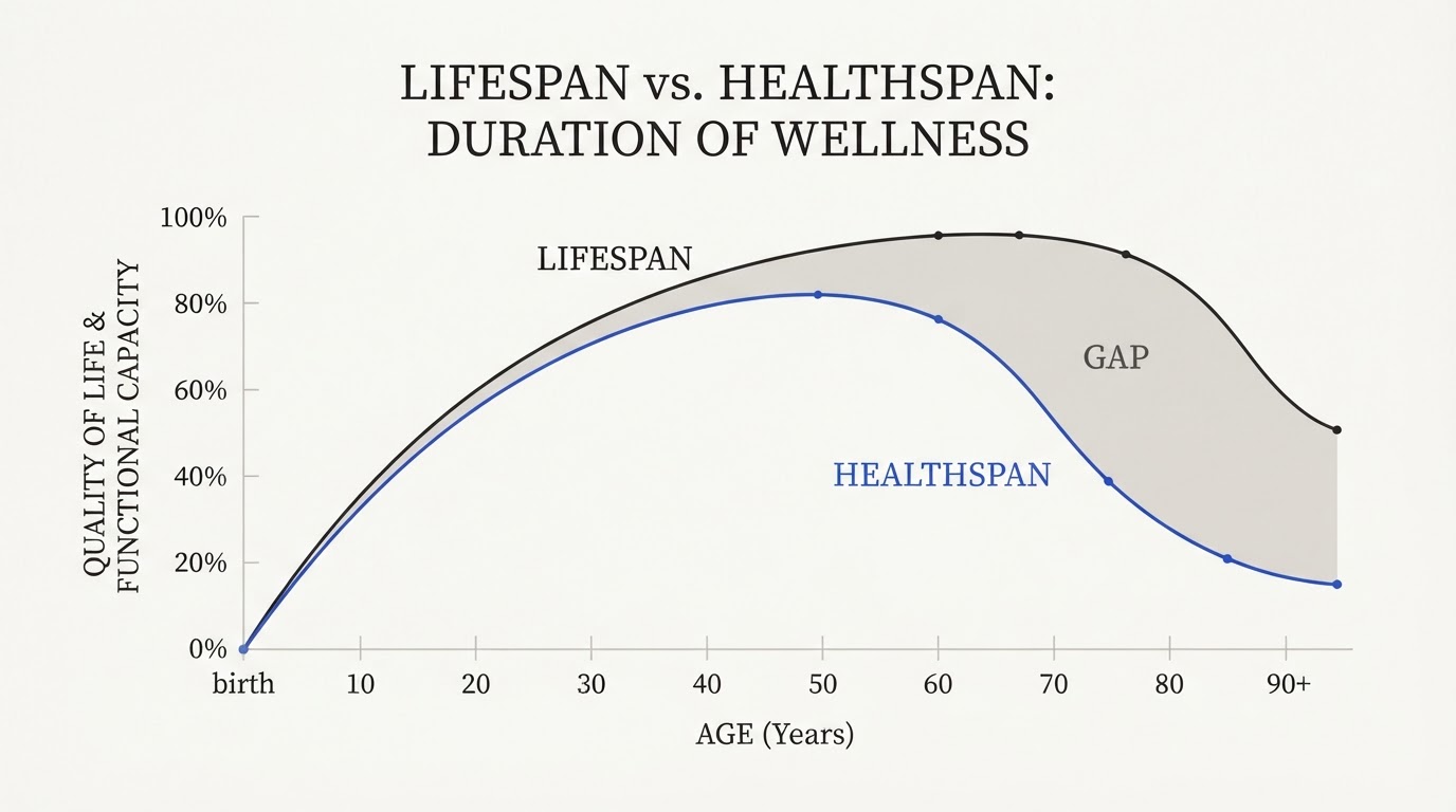 Lifespan(수명)과 Healthspan(건강수명) 곡선 비교 그래프 · 두 곡선 사이의 GAP 음영